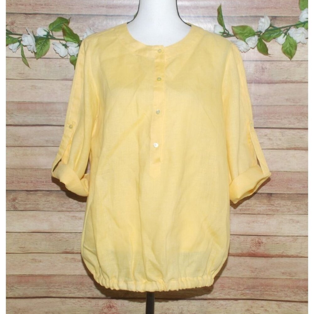 Lafayette 148 Linen Ladies 12 Sunny Yellow Top Blouse Roll Tabs Elastic Waist